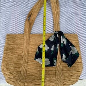 Draper James Tan Woven Tote Bag with Navy Floral Scarf